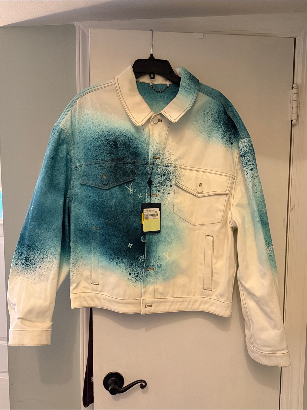 Louis Vuitton White and Teal Spray-Paint Denim Jacket